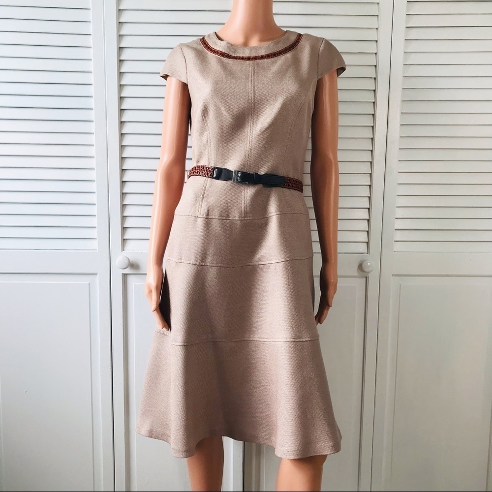 ANNE KLEIN Beige Tweed Sleeveless Belted Dress Size 8